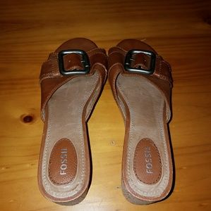 Fossil Leather Cork Wedge Sandals Size 8.5